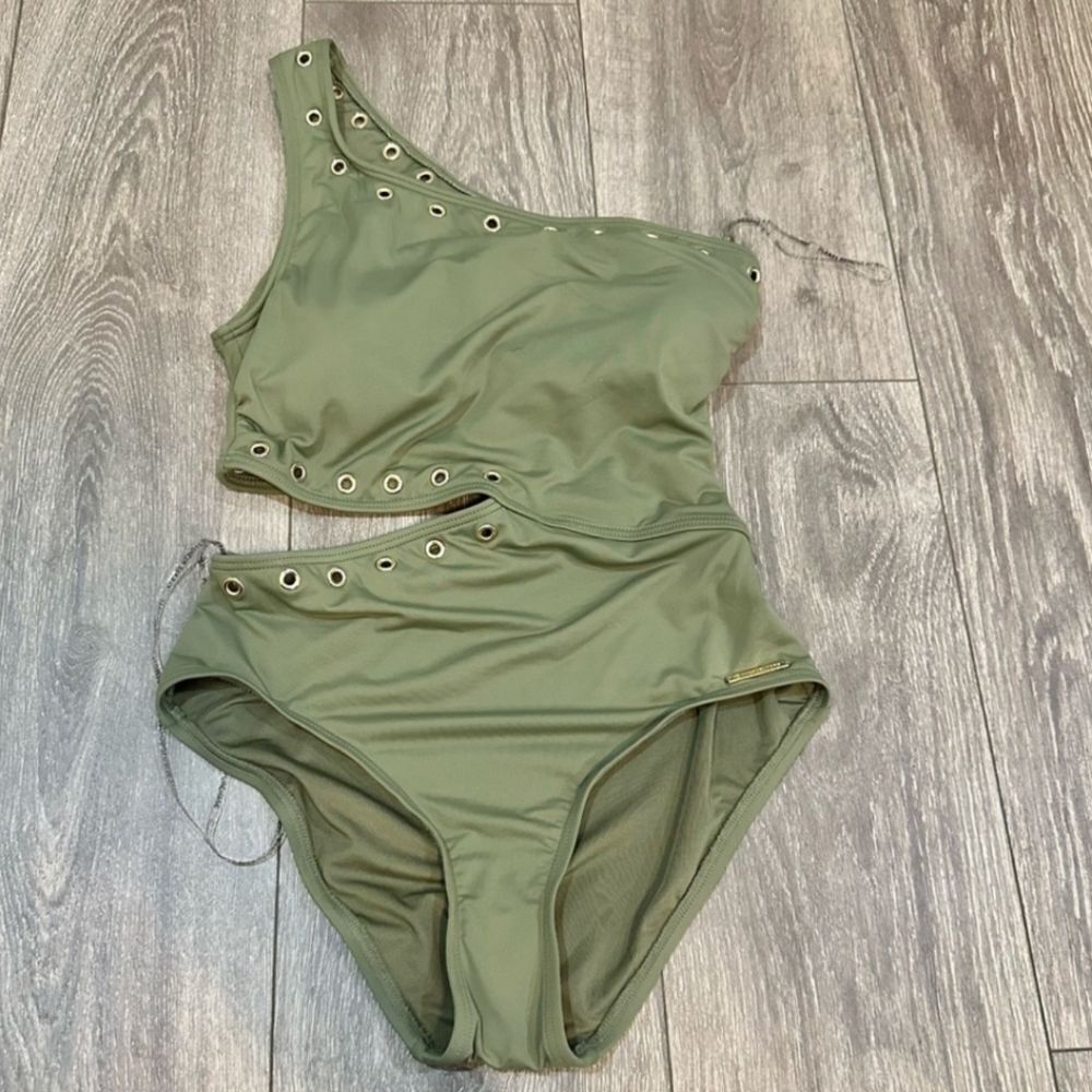Michael Kors One Shoulder Cutout Side woman swimsuit with gold grommets size 12